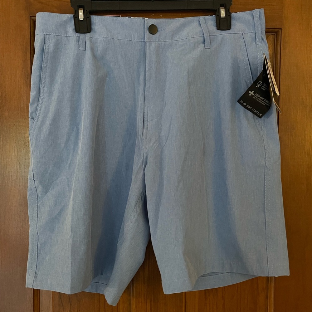 Multi-Functional‎ Men's Flat Front Four Way Stretch Blue Shorts, Size 32